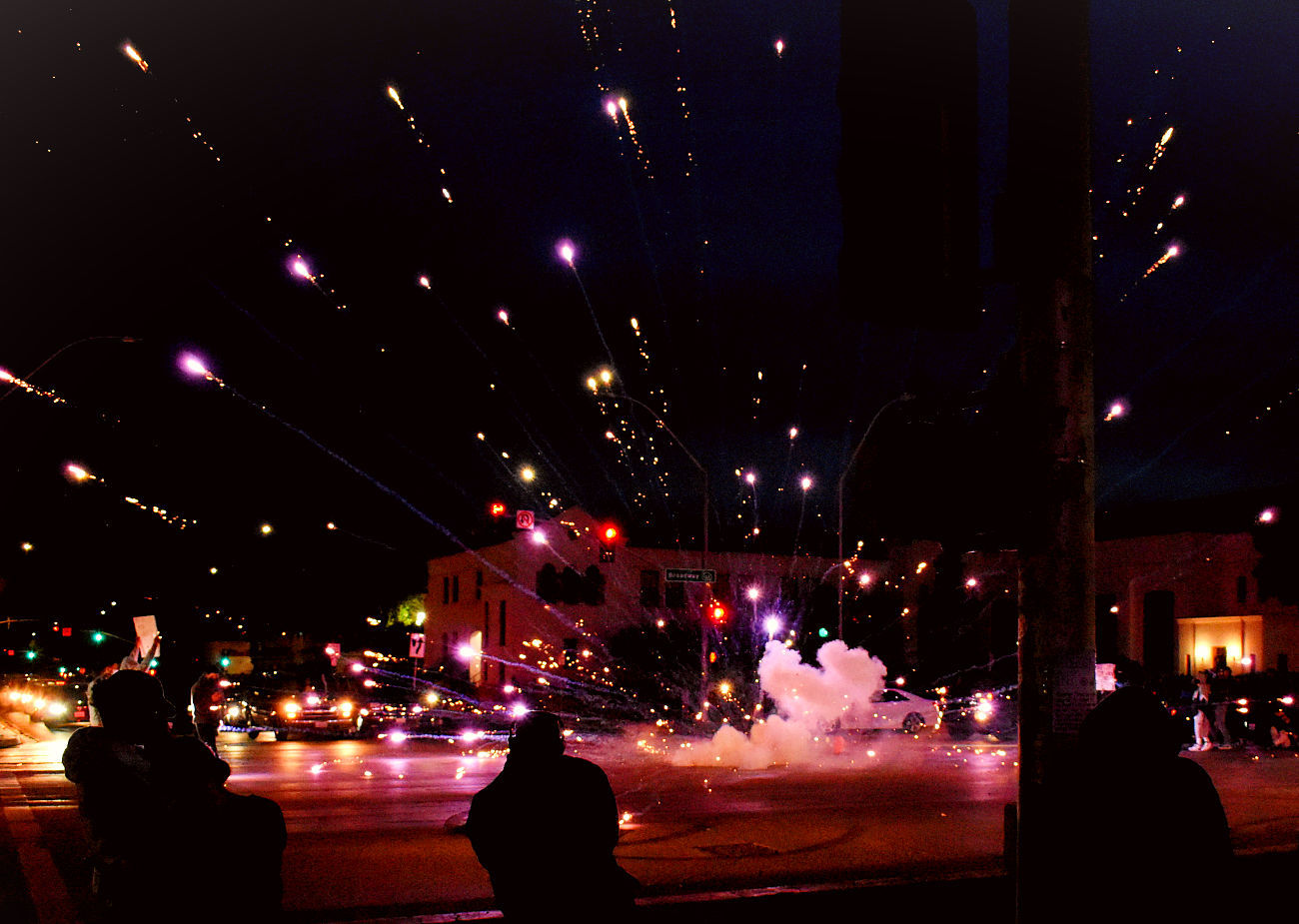 Dozens of fireworks were set off during Sunday night protests